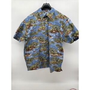 Gap Factory Hawaiian Shirt Mens XL Blue Tropical Palm Tree Cotton Short Sleeve
